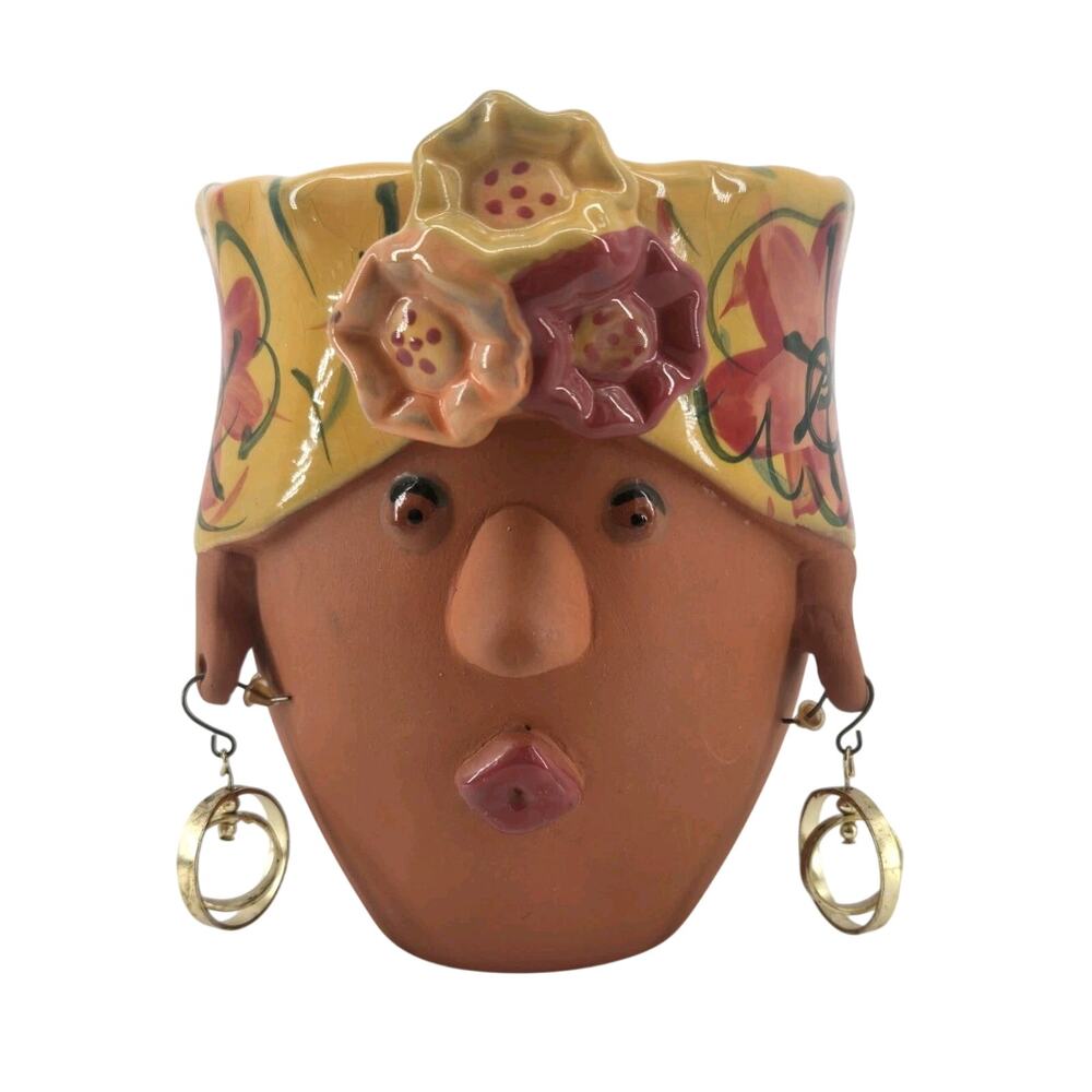 Vtg Whimsical Bird Brain 2005 Terra Cotta Lady Turban Planter Pot Head Yellow